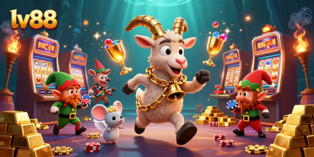 Experience the thrill of lv88 with dynamic slots and festive characters in a lively casino scene.