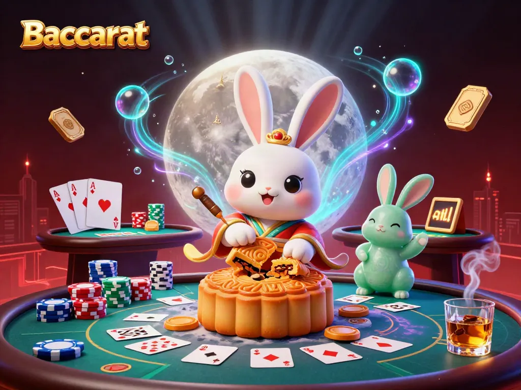 Experience Baccarat in a magical lunar casino scene where moon rabbits reveal winning poker chips.