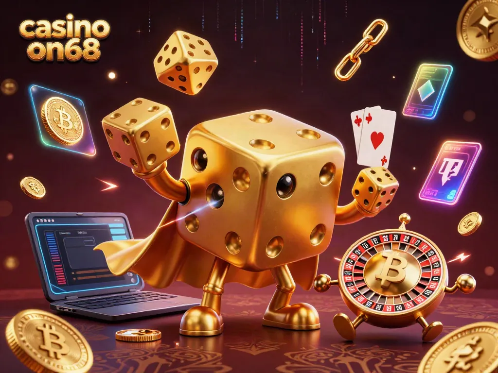 Experience casino on68 with golden dice golem and vibrant 3D game elements.