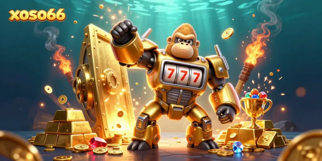 Win big with xoso66 in this vibrant 3D casino scene showcasing a golden gorilla mech and treasures.