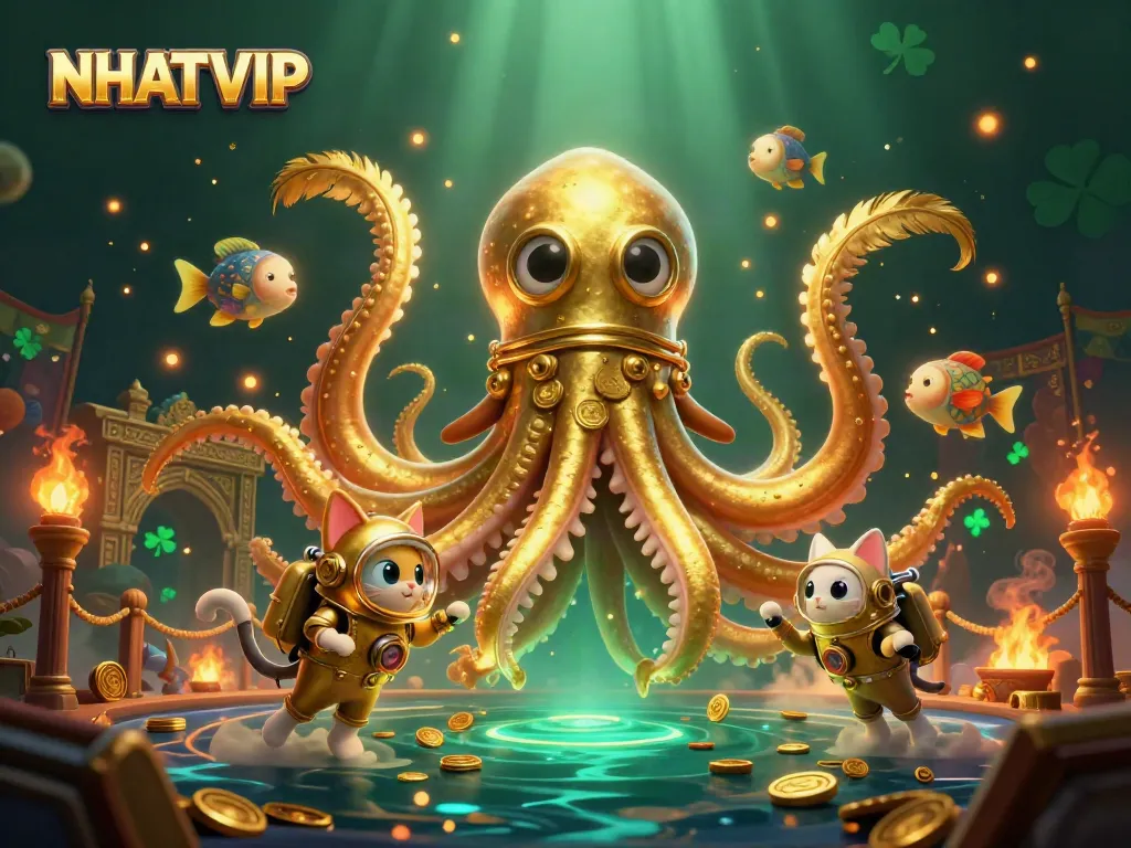 Engage with NHATVIP as the kraken emerges from treasure-filled depths in this vibrant casino illustration.