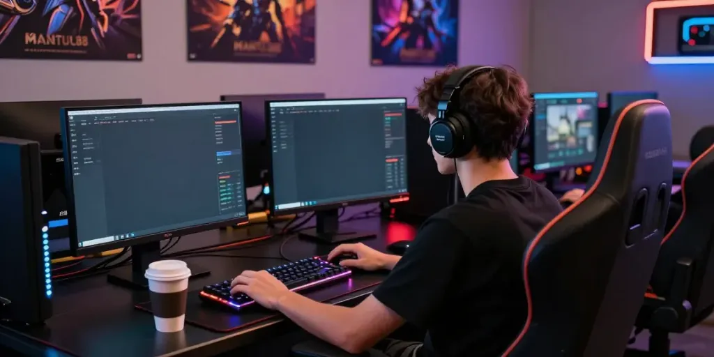 Mantul88 login screen on a player's monitor in a vibrant gaming setup with modern peripherals.