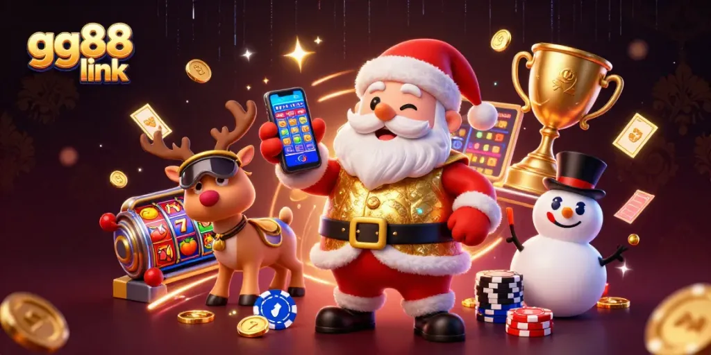 Win big at gg88 link with Santa and friends in a vibrant casino scene filled with slots and action.