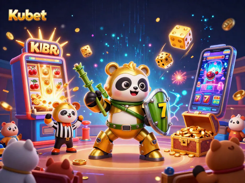 Kubet showcases dynamic casino action with a mech-suit panda and vibrant slot machine excitement.