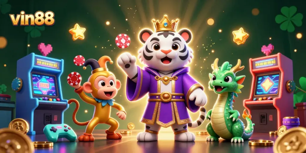 Win big at vin88 with vibrant gaming characters and colorful arcade elements in 3D casino illustration.