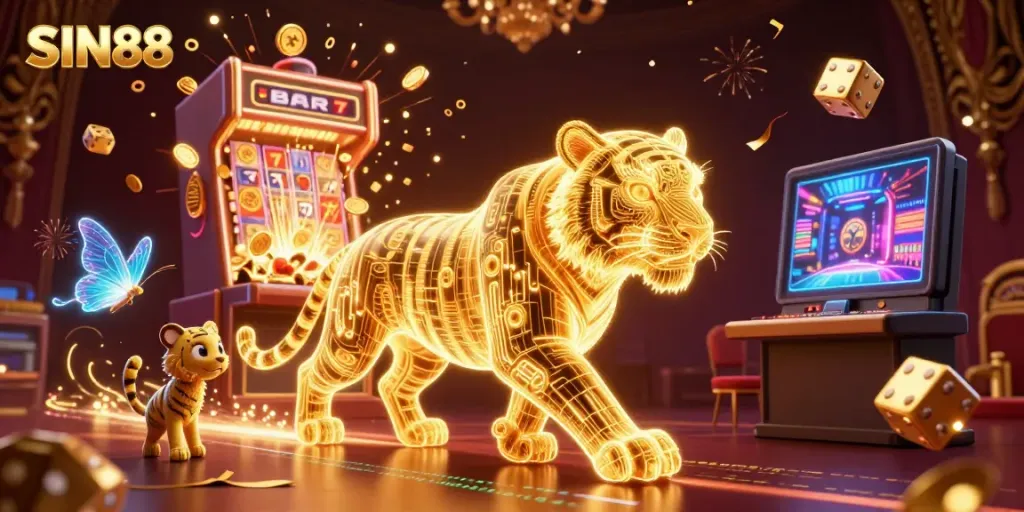 Experience thrilling gameplay with SIN88 showcasing vibrant 3D illustrations of a digital casino.