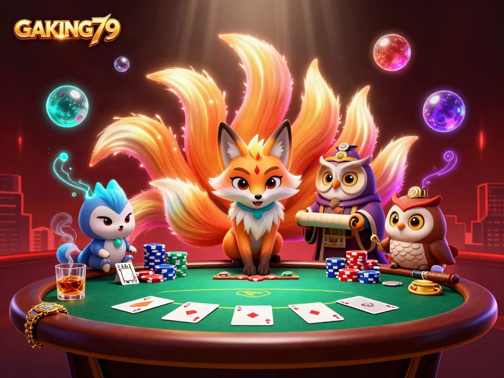 Experience vibrant action at GAKING79 with colorful fox spirit and poker elements in a lively casino scene.