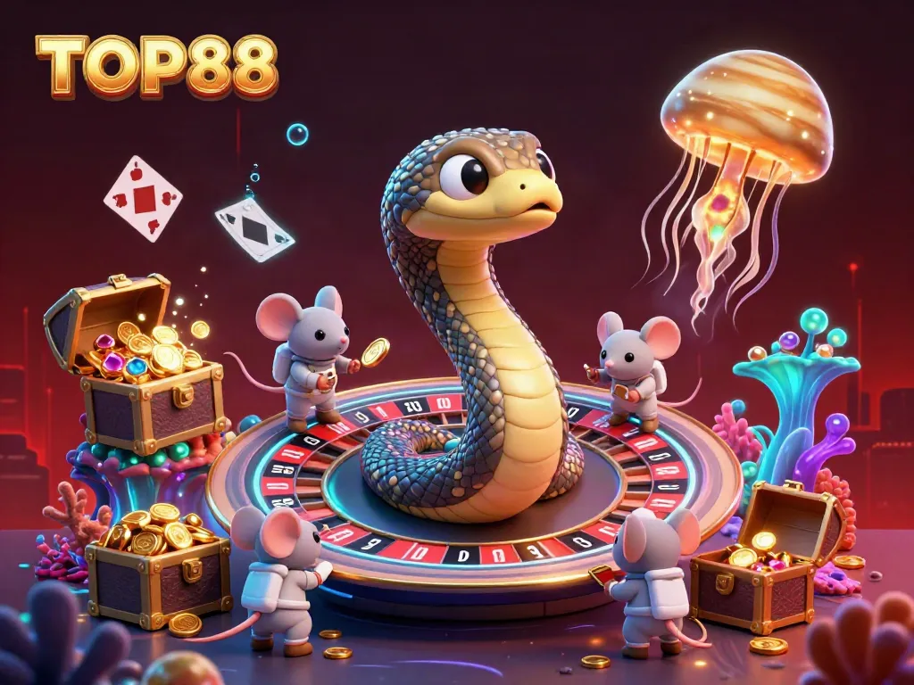 Experience the thrills of TOP88 with a unique cosmic casino scene featuring space-themed characters and dynamic game elements.