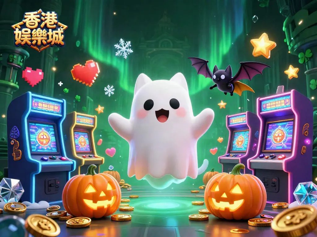 Experience thrilling games at 香港娛樂城 with a vibrant ghostly scene filled with slot machines and arcade excitement.