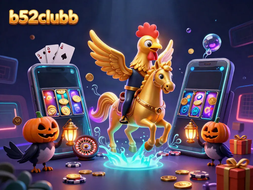 b52clubb showcases an adventurous golden rooster in a vibrant casino atmosphere, bringing the jackpot excitement to life.