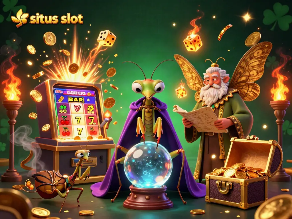 Membuka situs slot interaktif dengan jackpot dan simbol beruntung dari permainan kasino.