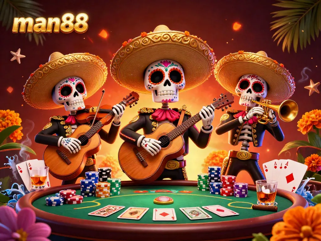 Experience thrilling poker action with man88 as colorful skeleton mariachi characters celebrate at a vibrant gaming table.