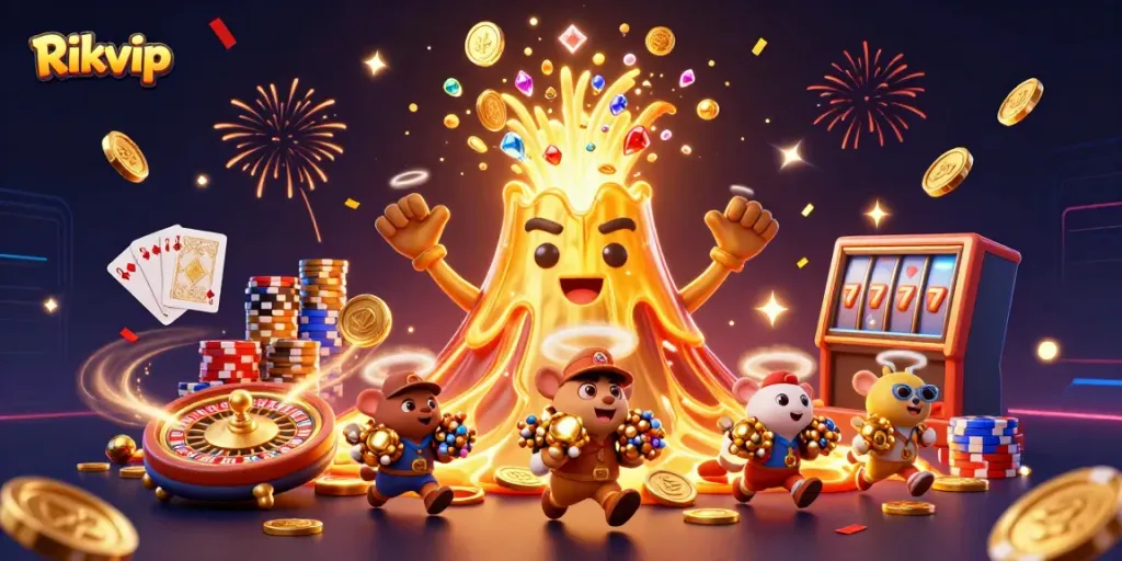 Experience the thrill of Rikvip with a dramatic golden volcano erupting treasure amidst dynamic casino elements.