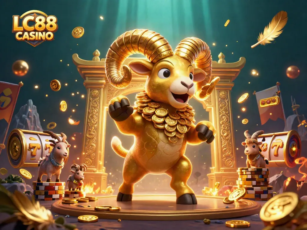 LC88 CASINO showcases an exciting scene of a golden ram surrounded by slot elements and betting tokens.