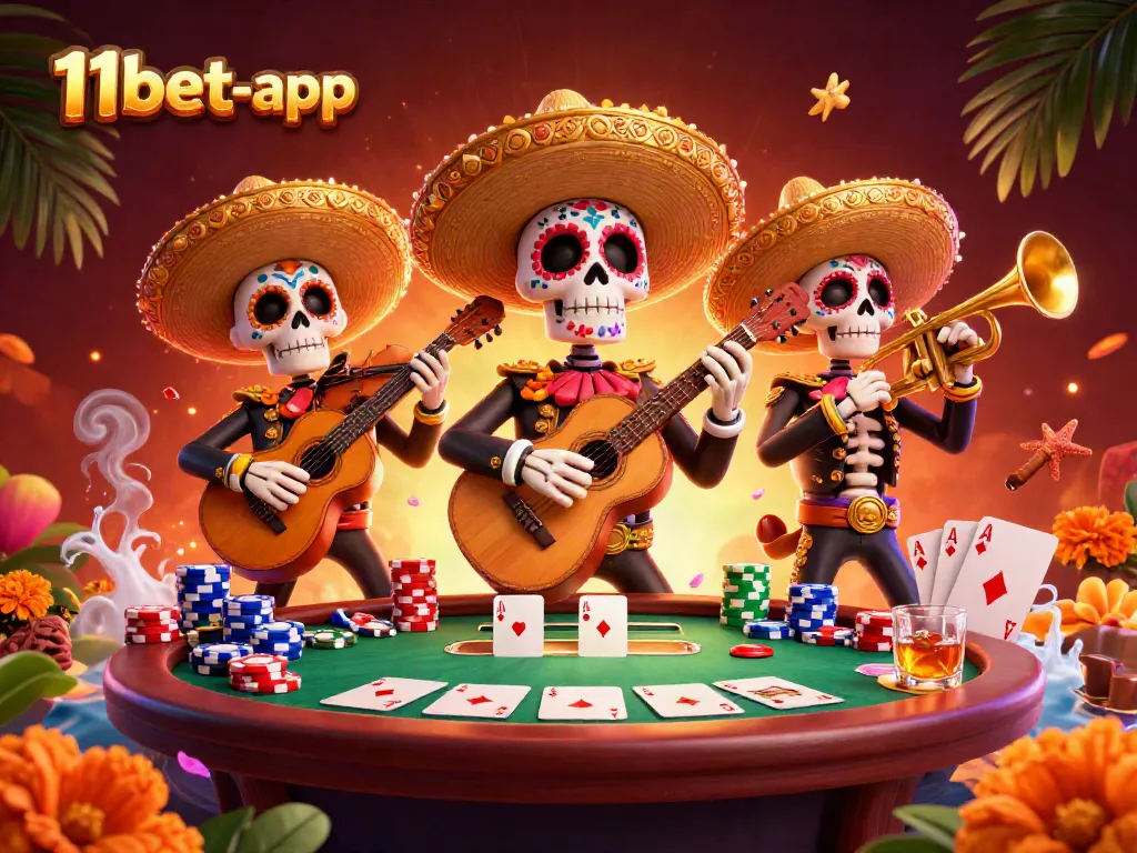 Experience the vibrant 11bet-app scene with mariachi characters and poker elements in a colorful casino setting.