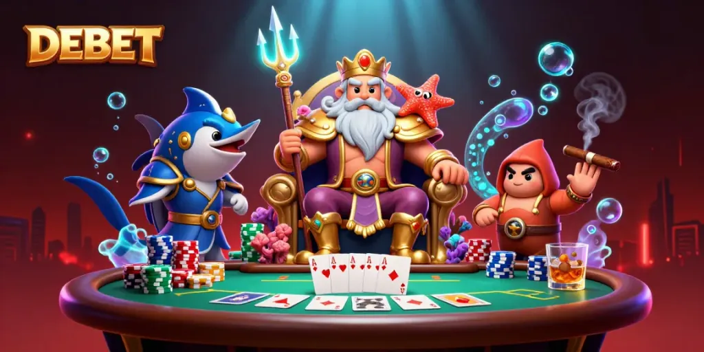 Engage in exciting poker action with DEBET as Neptune and companions surround a vibrant gaming scene.