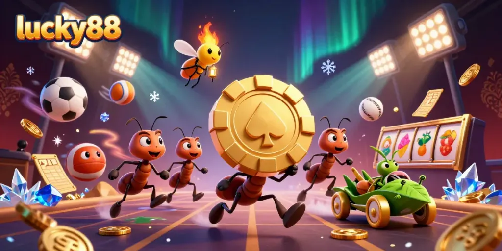 Experience the thrill of lucky88 with ants in a heist, collecting golden poker chips amidst dynamic casino elements.