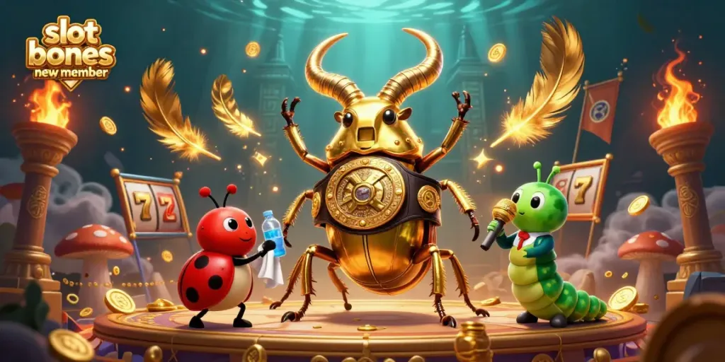 Engage with slot bonus new member visuals featuring a golden beetle boxing in a vibrant 3D scene.