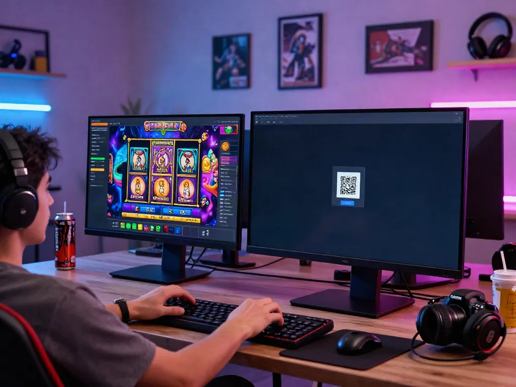 User accessing slot qris feature on gaming platform with vibrant interface and QR code on smartphone in a modern gaming setup.