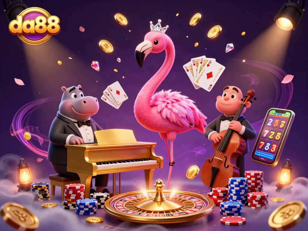 Celebrate wins at da88 casino, featuring vibrant characters, gold coins, and rich casino ambiance.