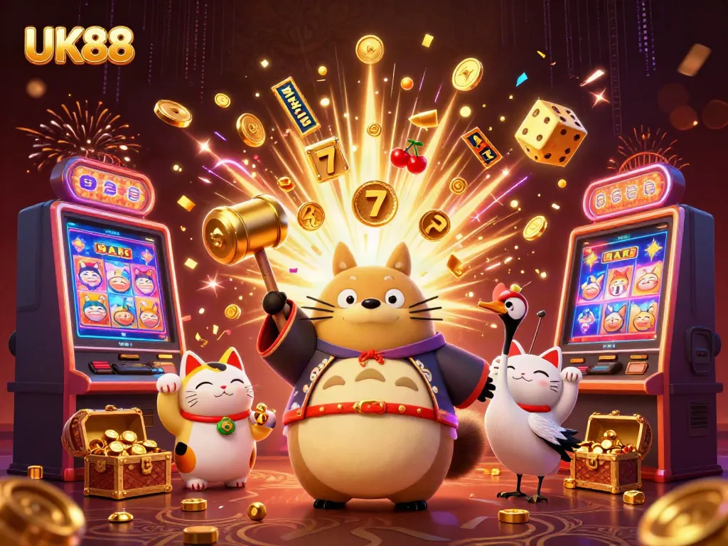 Experience the thrill of UK88 with a vibrant casino scene featuring cheerful characters and jackpots.
