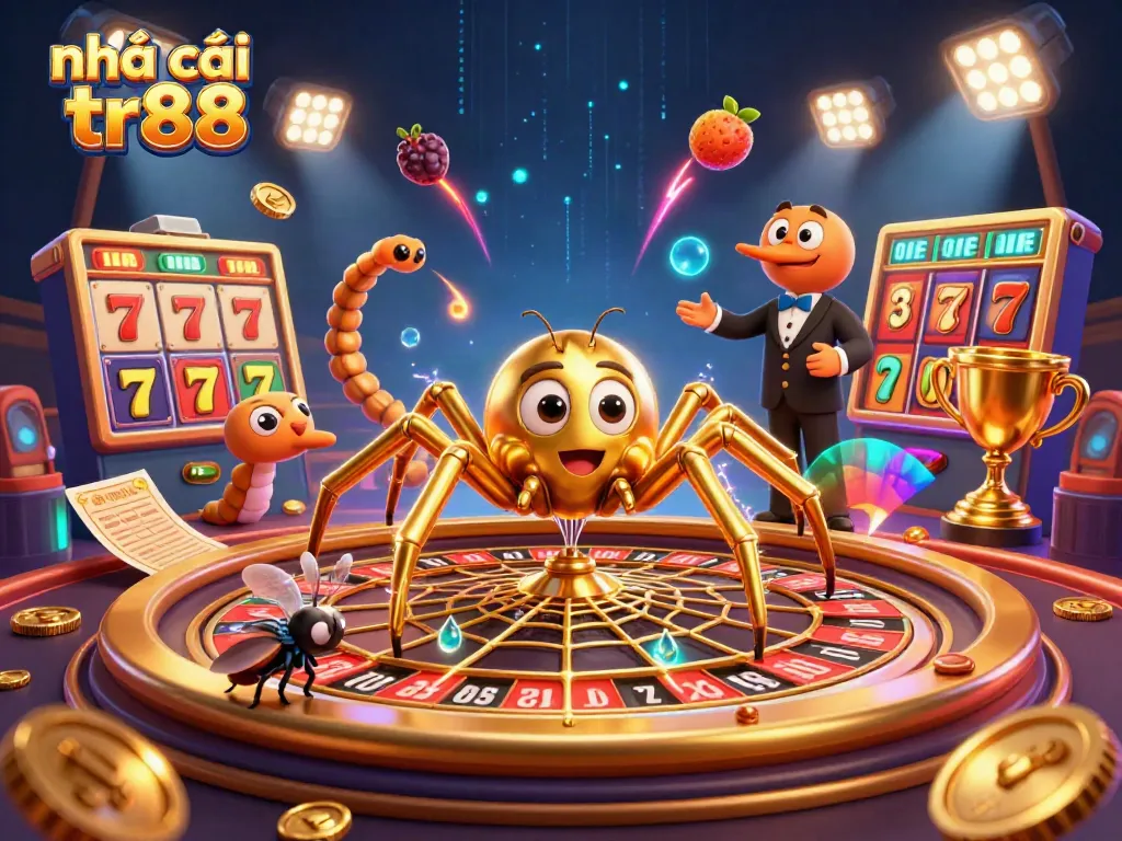 Engage with the excitement at nhà cái tr88, where golden webs symbolize lucrative bets in this lively casino scene.