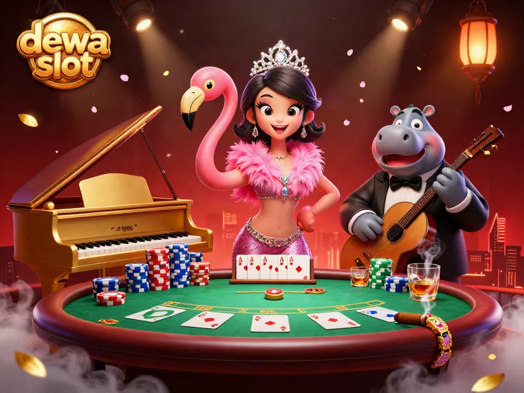 Experience thrilling gameplay in dewa slot with a vibrant scene featuring casino characters and poker elements