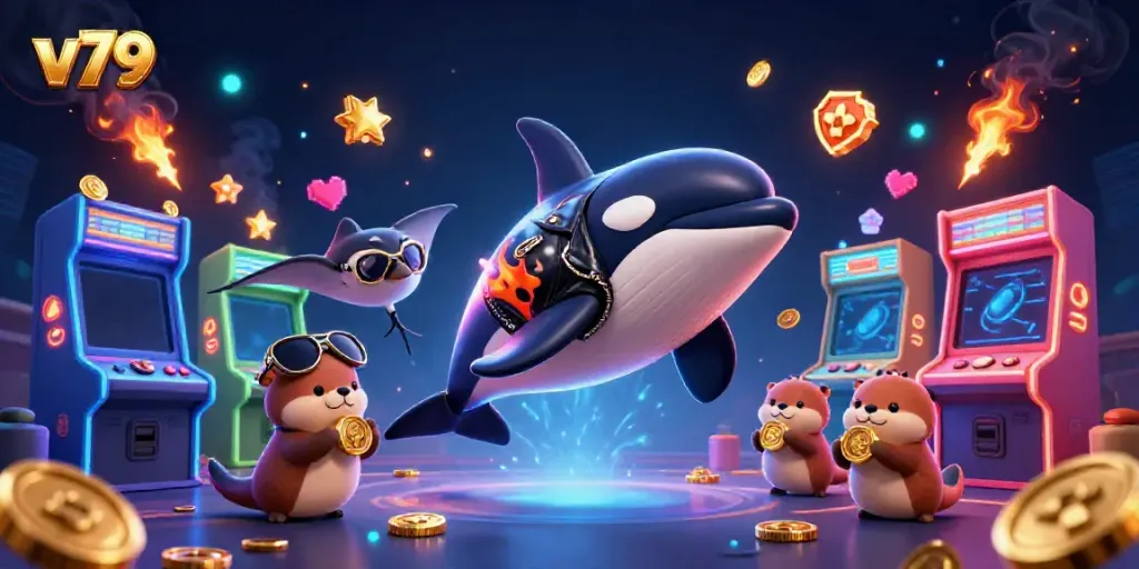 Experience excitement at v79 with an orca, stingray, and otters celebrating wins amidst colorful arcade games.