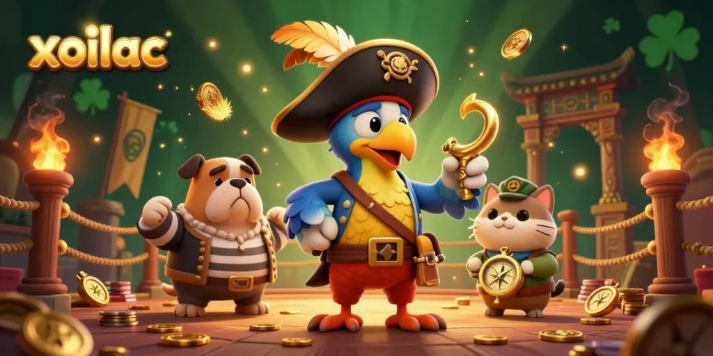 Experience the thrill of betting on Xoilac with a vibrant scene featuring a pirate captain and companions in a lively casino.