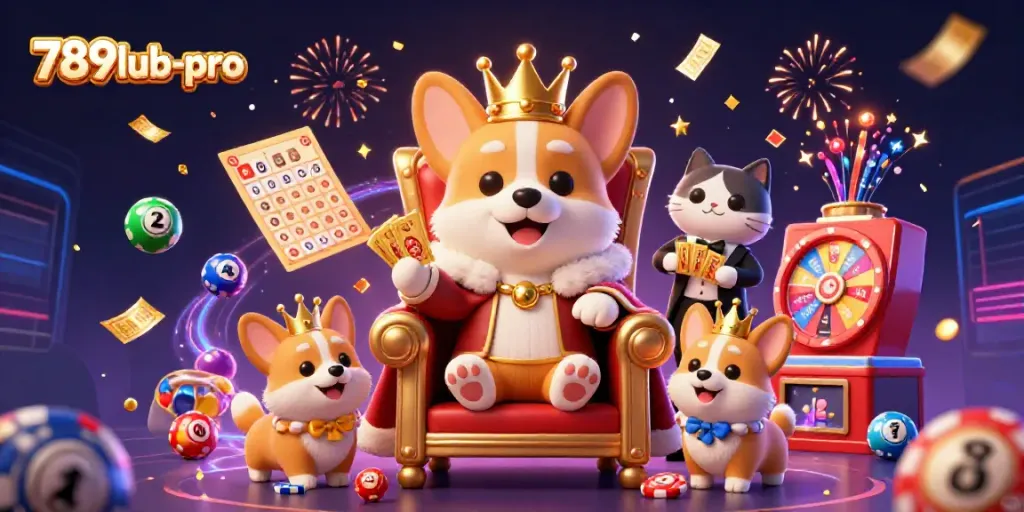 Engage in thrilling gameplay with 789lub-pro as colorful lottery balls bounce around a regal corgi on a poker chip throne.