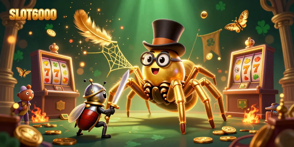 SLOT6000 showcases a 3D cartoon scene with a golden tarantula, beetle knight, and dynamic slot elements.