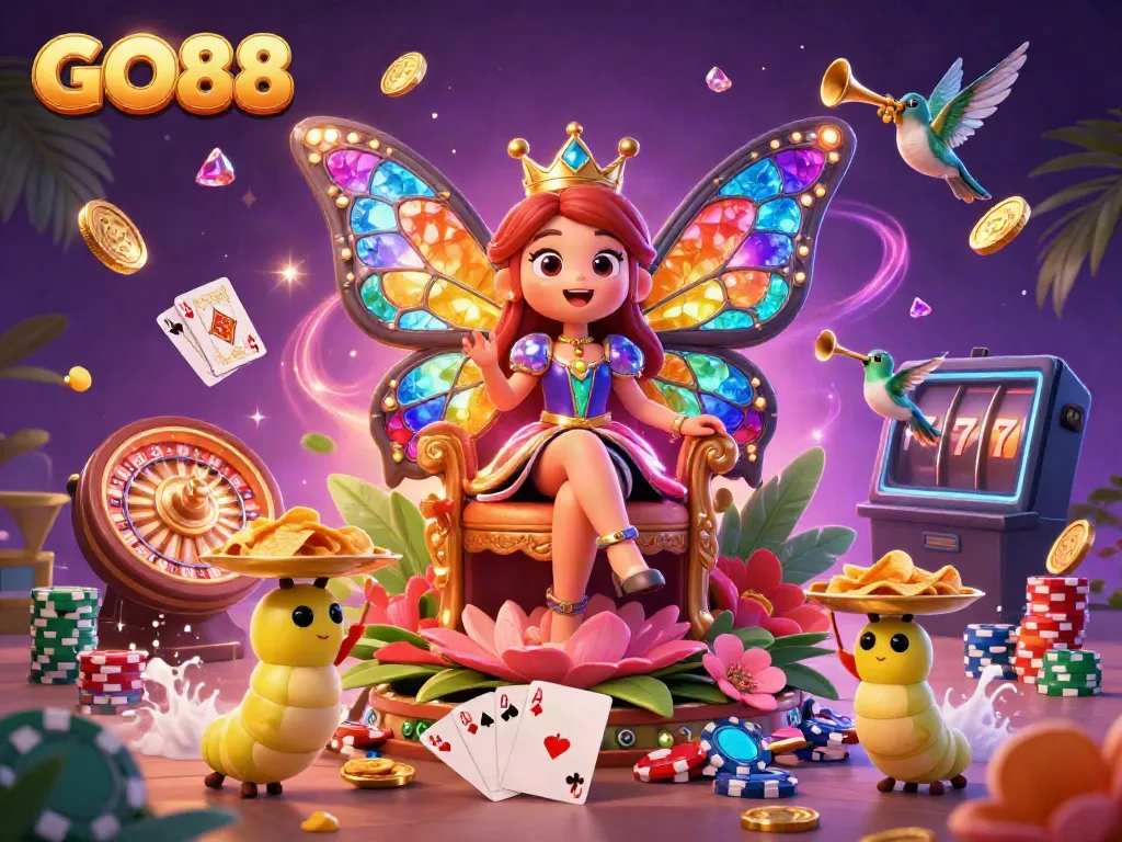 Experience GO88's vibrant casino adventure with a magical butterfly queen and dazzling game elements.