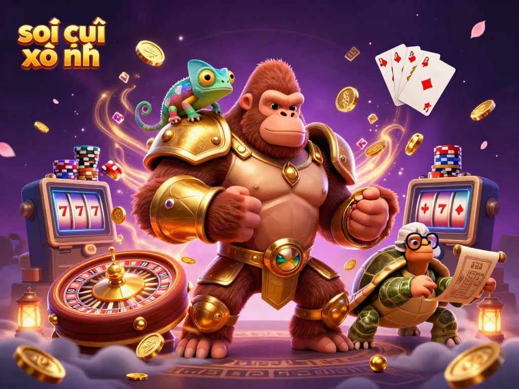 Engaging scene featuring soi cầu xổ số with a powerful gorilla king and a wise tortoise elder amidst casino elements.