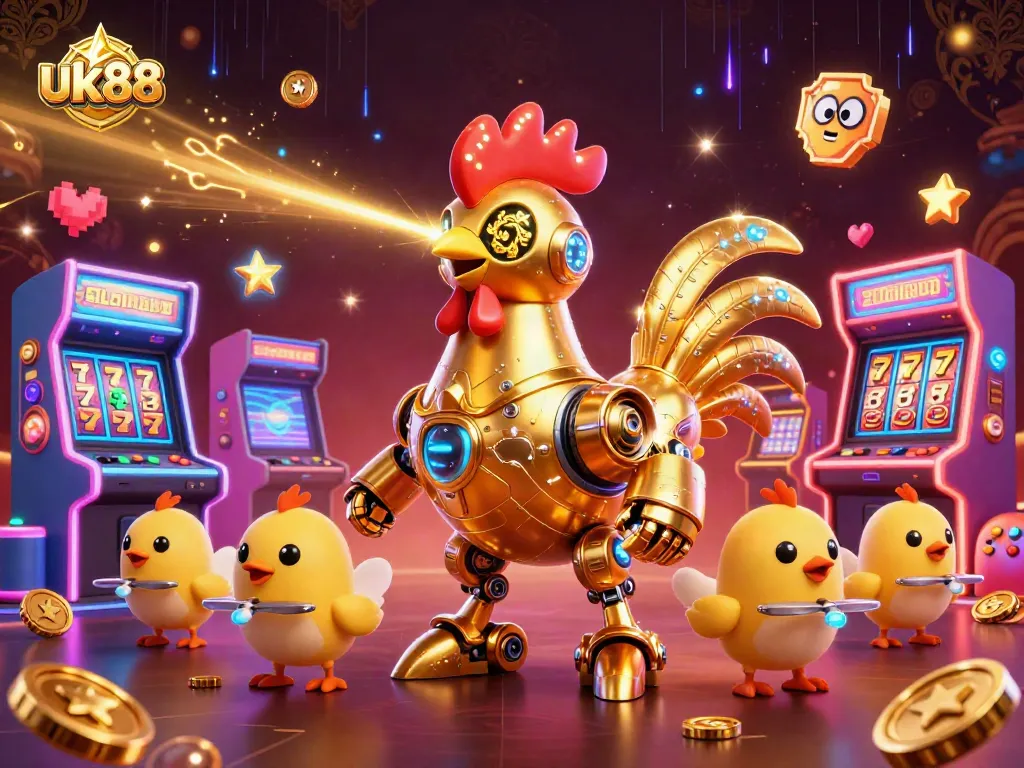 uk88 unleashes a thrilling golden rooster robot in a vibrant and entertaining casino adventure scene.