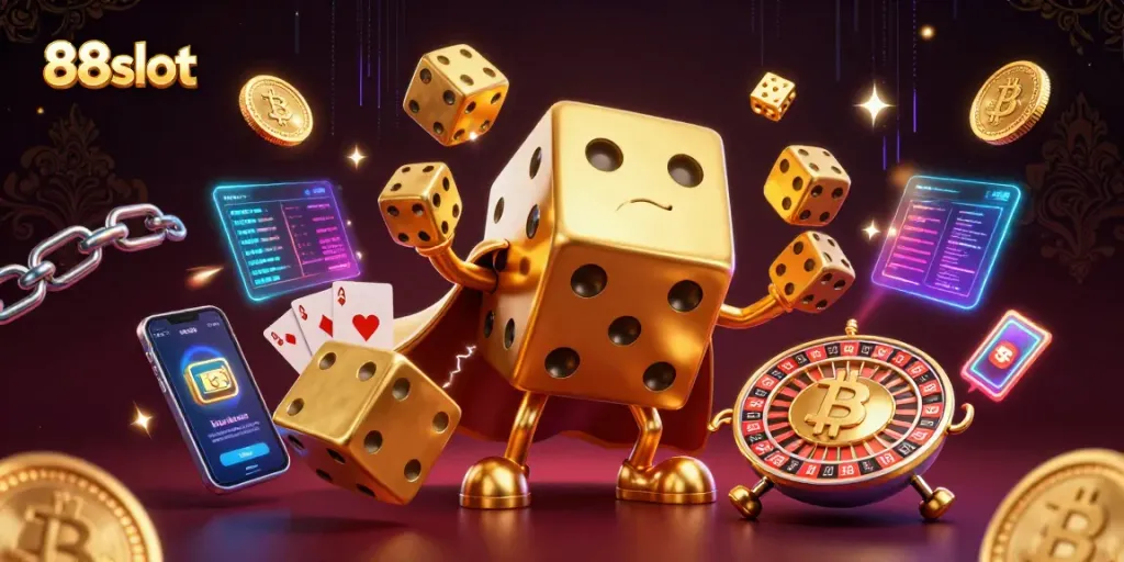 Engage in thrilling moments at 88slot with a lively 3D illustration of a golden dice golem and crypto elements.
