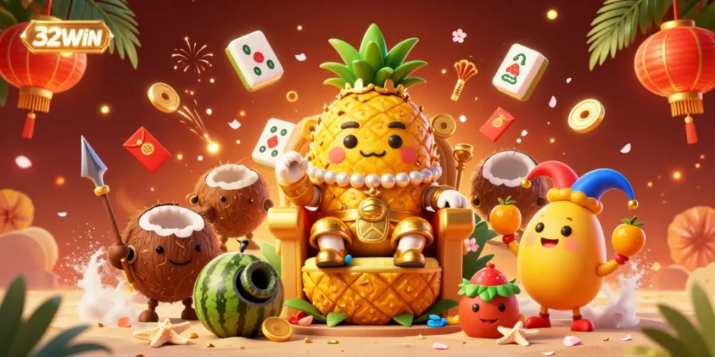 Engage with 32WIN through this vibrant casino illustration featuring a golden pineapple king, magical gaming elements, and a lavish tropical atmosphere.