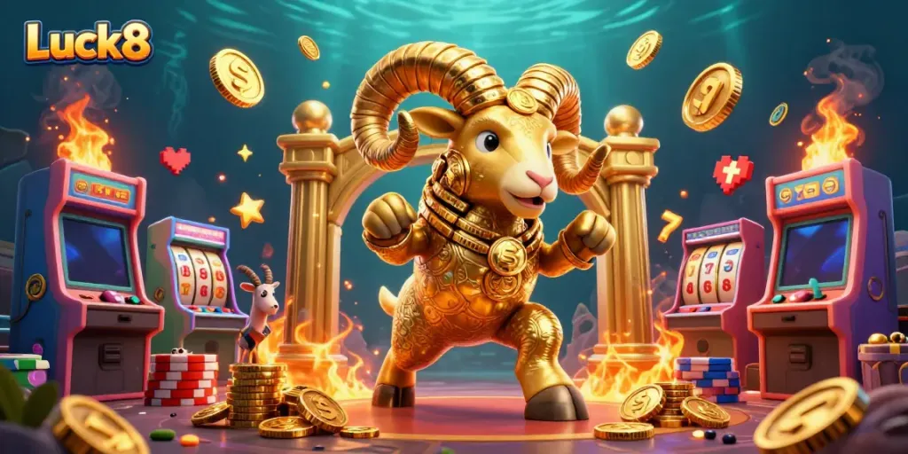 Experience the thrilling world of Luck8 with a dynamic illustration of a golden ram charging through a casino backdrop filled with game elements.