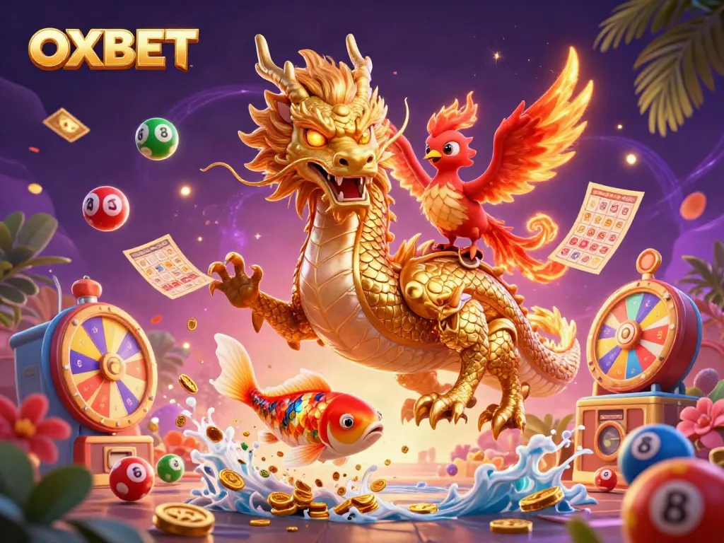 Engage with OXBET's immersive casino experience featuring a golden dragon with coins and winning elements.