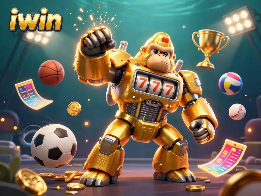 Engage in thrilling iwin gaming with a dynamic golden gorilla mech and sports elements