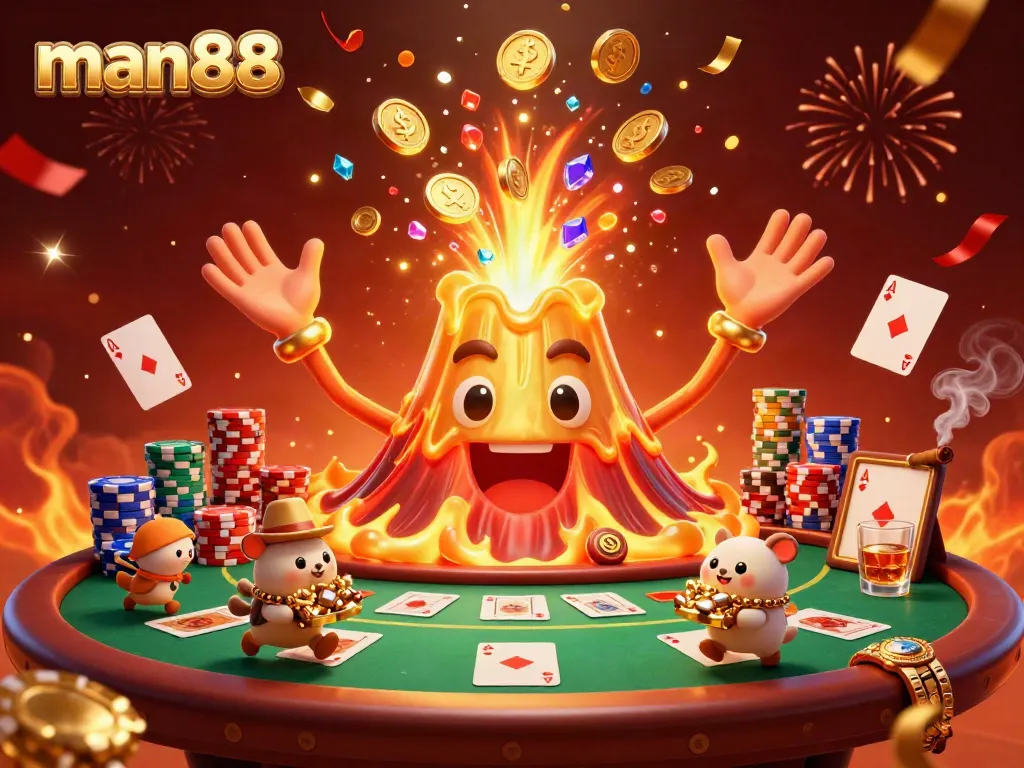 Experience thrilling wins at man88 as golden coins erupt from the volcano, surrounded by poker elements.