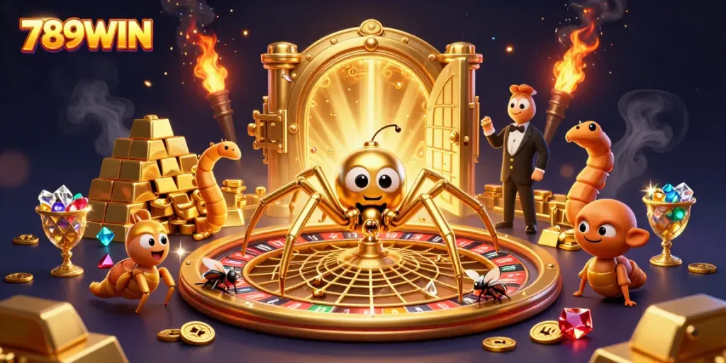 Experience thrilling bets at 789WIN with a golden spider weaving a roulette wheel in dazzling 3D.