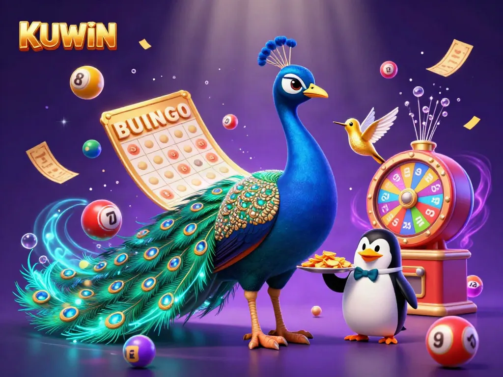 KUWIN showcases a vibrant casino scene featuring an aristocratic peacock and a butler penguin amidst lottery elements and golden chips.