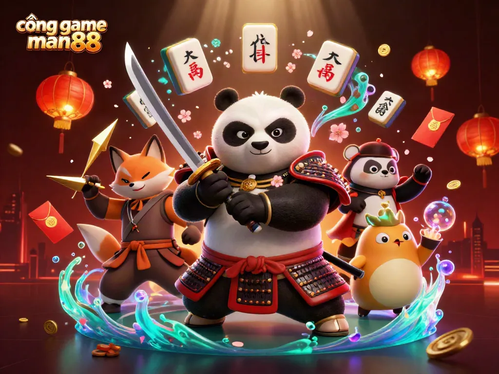 Engage with cổng game man88 in a vibrant 3D illustration featuring a samurai panda and ninja fox.