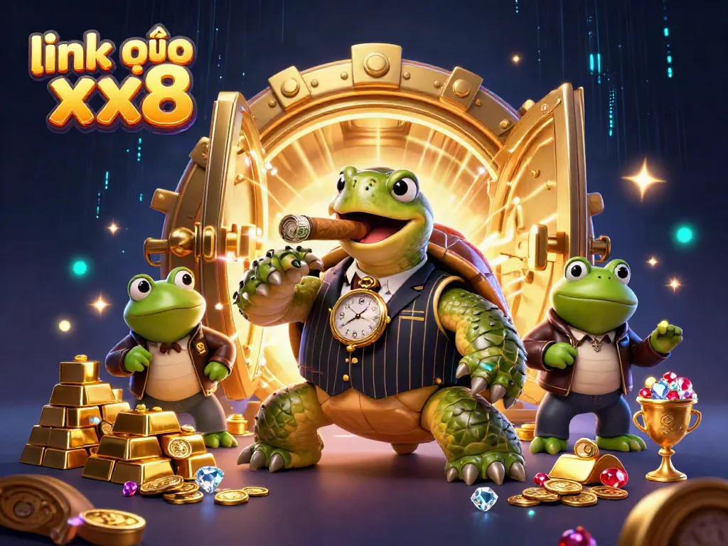 Experience the thrill of gameplay with link vào xx8, featuring a turtle mobster and bullfrogs under dazzling lights.