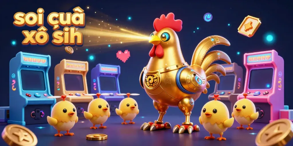 Engage with the vibrancy of soi cầu xổ số featuring a golden rooster robot amidst colorful gaming elements.